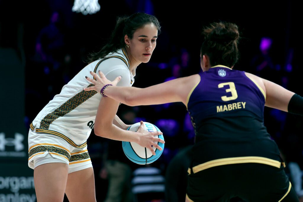 Hive BC guard Sonia Citron controls the ball as Lunar Owls guard Marina Mabrey defends during their 2026 Unrivaled 1v1 tournament game.