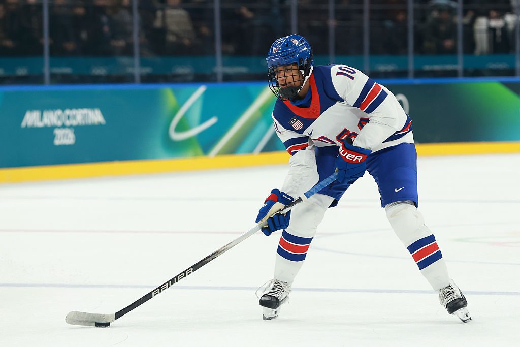 Olympic hockey star Laila Edwards #10 of Team United States controls the puck in the third period during the Women's Preliminary Round Group A match between the United States and Switzerland on day three of the Milano Cortina 2026 Winter Olympic games at Milano Santagiulia Ice Hockey Arena on February 09, 2026 in Milan, Italy.