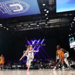 Breeze BC guard Paige Bueckers defends as Hive BC guard Saniya Rivers drives toward the basket during a 2026 Unrivaled game.