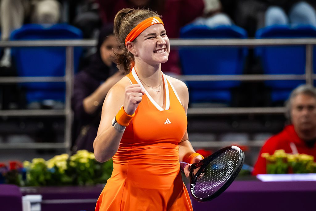 Karolina Muchova of the Czech Republic reacts to defeating Maria Sakkari of Greece in the semi-final on Day Six of the Qatar TotalEnergies Open, part of the Hologic WTA Tour at Khalifa International Tennis and Squash Complex on February 13, 2026 in Doha, Qatar.