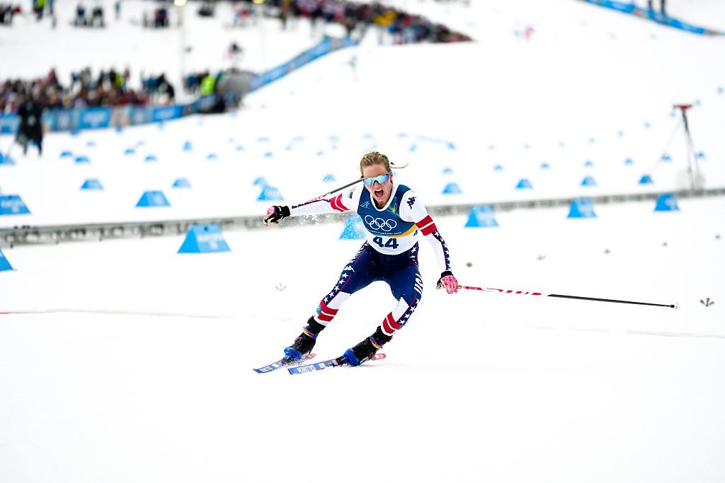 Bronze medalist Jessie Diggins of Usa competes during the Women's 10km Interval Start Free on day six of the Milano Cortina 2026 Winter Olympic games at Tesero Cross-Country Skiing Stadium on February 12, 2026 in Val di Fiemme, Italy.