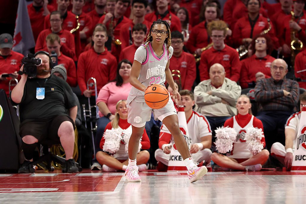 Jaloni Cambridge #22 of the Ohio State Buckeyes controls the ball during the game against the Maryland Terrapins at Value City Arena on February 15, 2026 in Columbus, Ohio. Maryland defeated Ohio Sate 76-75.