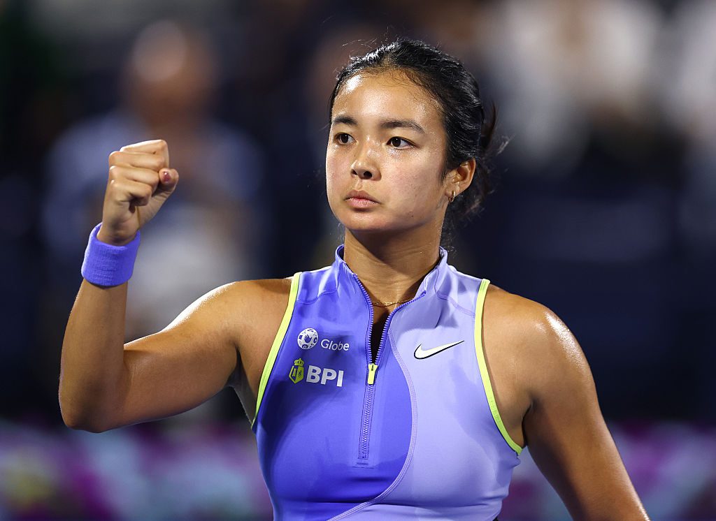 Alexandra Eala of Philippines celebrates a point against Jasmine Paolini of Italy during her women's singles match on day three of the Dubai Duty Free Tennis Championships, part of the Hologic WTA Tour at Dubai Duty Free Tennis Stadium on February 17, 2026 in Dubai, United Arab Emirates.