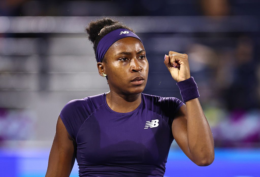 Coco Gauff of United States celebrates a point against Alexandra Eala of Philippines in her Women's Singles Quarter Final match during day five of the Dubai Duty Free Tennis Championships, part of the Hologic WTA Tour at Dubai Duty Free Tennis Stadium on February 19, 2026 in Dubai, United Arab Emirates.