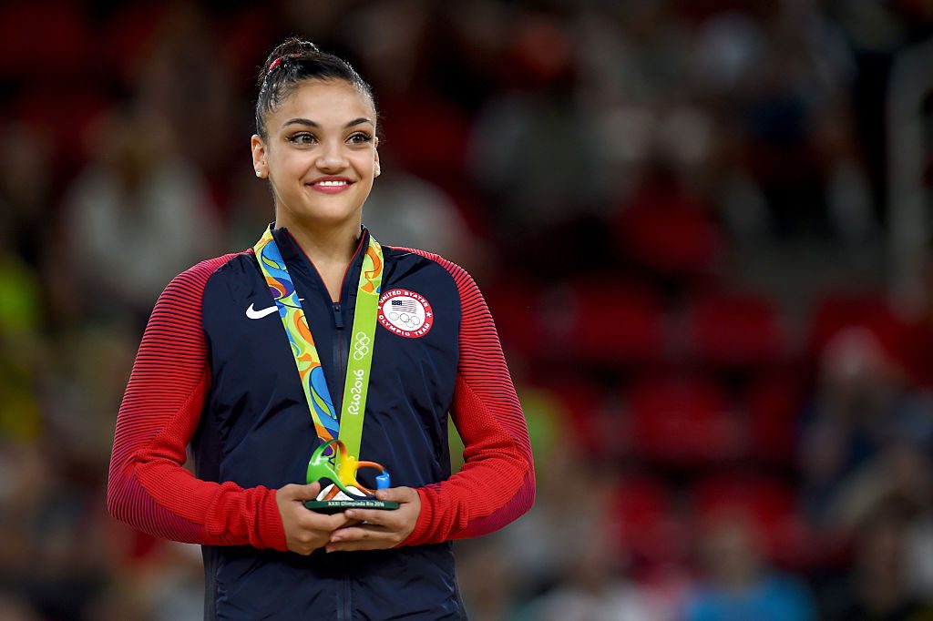 Lauren Hernandez of the United States celebrates on the podium at the medal ceremony for the Balance Beam on day 10 of the Rio 2016 Olympic Games at Rio Olympic Arena on August 15, 2016 in Rio de Janeiro, Brazil.